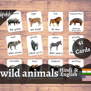 Wild Animals HINDI Version - Englische zweisprachige Karten | 41 Hindi Flash Karten | Homeschooling | Montessori Material - Digital Printable