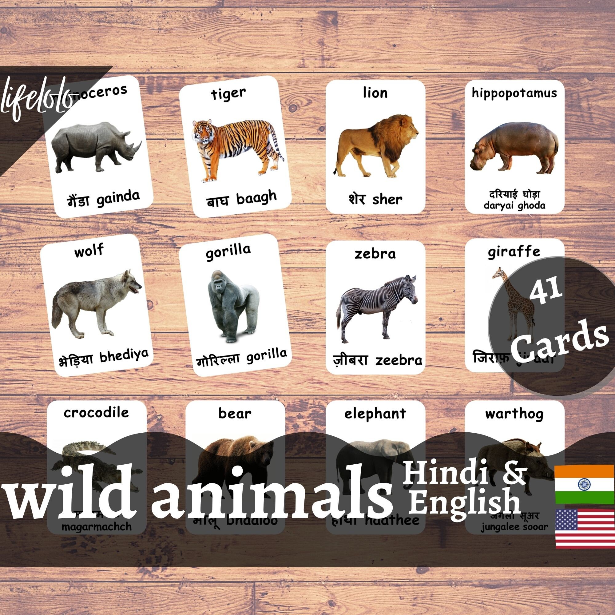 Wild Animals HINDI Version English Bilingual Cards 41 - Etsy Wild Animals HINDI Version English Bilingual Cards 41 - Etsy