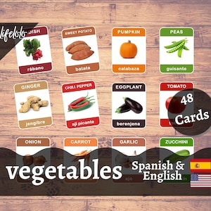 Vegetables SPANISH Printable, Bilingual English Spanish, Real Pictures, 48 Spanish Flash Cards, Montessori flashcards, Spanish homeschool