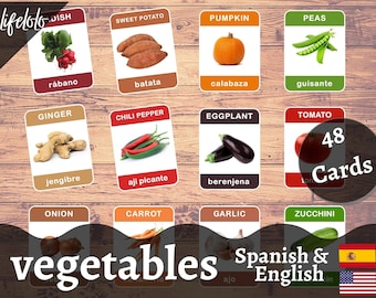 Legumes ESPANHOL para impressão, bilíngue inglês espanhol, imagens reais, 48 cartões flash em espanhol, cartões Montessori, ensino doméstico em espanhol