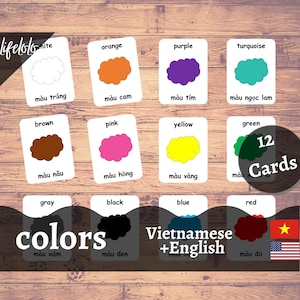 Colores Versión VIETNAMITA - Tarjetas bilingües en inglés / 12 tarjetas flash vietnamitas / Educación en el hogar / Tarjetas de tres partes - Descargar imprimible