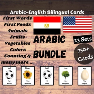 May include: A set of 23 bilingual Arabic-English flash cards featuring images of a ball, flower, tree, and egg. The cards include the English and Arabic words for each object. The text on the cards reads "ARABIC BUNDLE 750+ Cards".