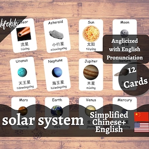 Sistema Solar - Cartões Flash Chineses Simplificados | Montessori para imprimir | Montessori para imprimir | Cartões de 3 partes, planetas para impressão