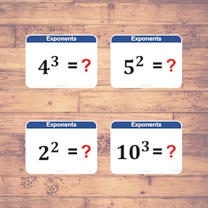 May include: Four flashcards with blue borders and white backgrounds. Each card has the word "Exponents" at the top and a math problem with an exponent. The problems are 4^3 = ?, 5^2 = ?, 2^2 = ?, and 10^3 = ?. The answers are written in red below each problem.