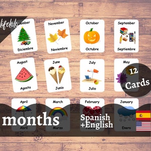 Months of the Year SPANISH Flash cards, 12 Bilingual Cards, Montessori Printable Preschool, Homeschool, Kids Printable Download