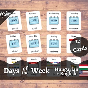 Jours de la semaine | HONGROIS | Cartes bilingues anglais | 12 cartes flash hongroises | Matériel Montessori | École à la maison -Téléchargement imprimable