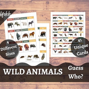 Plantilla imprimible del juego de adivina quién de animales salvajes, juegos virtuales, adivina quién inserta tarjetas imprimibles, juego de mesa adivina quién de cruce de animales