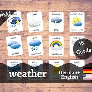Cartões Meteorológicos em ALEMÃO | Cartões Flash Alemães | Cartões Bilíngues em Inglês | Materiais Montessorianos | Brinquedos de cartões flash - download para impressão infantil