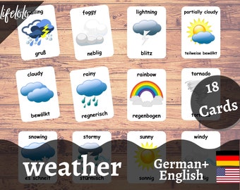Weather Cards in GERMAN | German Flash Cards | English Bilingual Cards | Montessori Material | Flash Cards Toys - Kids Printable Download