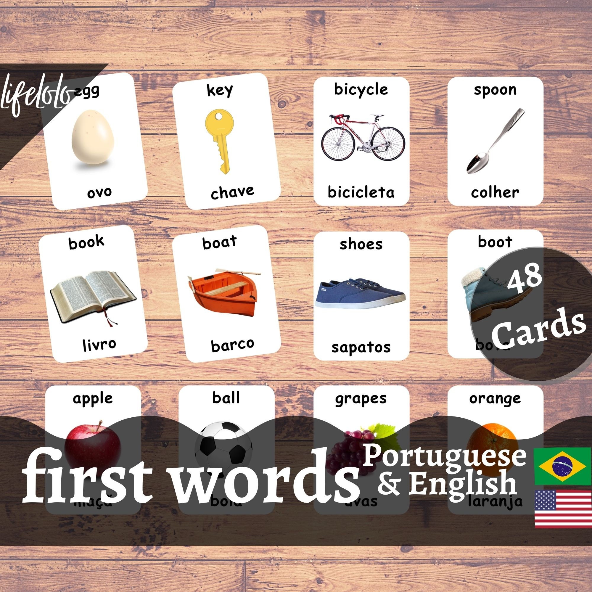 First Words PORTUGUESE Version English Bilingual Cards 48 Etsy México