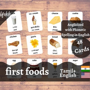 First Foods - TAMIL, 48 Tamil Flash Cards, Engelse tweetalige kaarten, 3 deelkaarten, afdrukbare kaarten, Homeschool, Babyspeelgoed leren