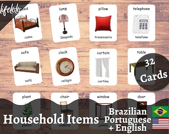 Household Items BRAZILIAN PORTUGUESE Flash cards, Bilingual Cards, Montessori Printable, Homeschool, Preschool, Kids Printable Download