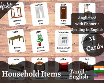 Household Items TAMIL Flash cards, English Bilingual Cards, Montessori Printable, Homeschool Preschool, Kids Printable Download pdf