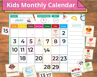 May include: A colorful printable calendar for kids with a January theme. The calendar features a grid with numbers 1 through 31, along with various holidays and special days, such as New Year's Day, Valentine's Day, and Father's Day. The calendar also includes a notes section for writing down important dates.
