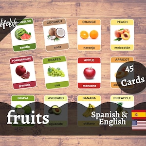 Fruits SPANISH Version - English Bilingual Cards | 45 Spanish Flash Cards | Preschool | Montessori | Homeschooling - Printable Download