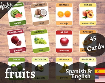 Fruits SPANISH Version - English Bilingual Cards | 45 Spanish Flash Cards | Preschool | Montessori | Homeschooling - Printable Download