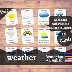 Cartões Meteorológicos em ARMÊNIO | Cartões Flash Armênios | Cartões Bilíngues em Inglês | Materiais Montessorianos | Brinquedos de cartões flash - download para impressão