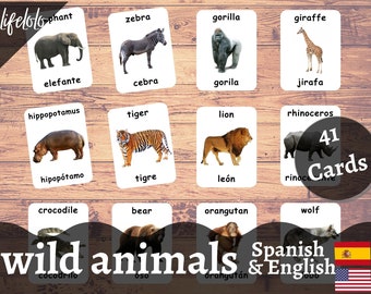 Wild Animals SPANISH Version - English Bilingual Cards | 41 Spanish Flash Cards | Homeschooling | Montessori Material - Spanish Printable