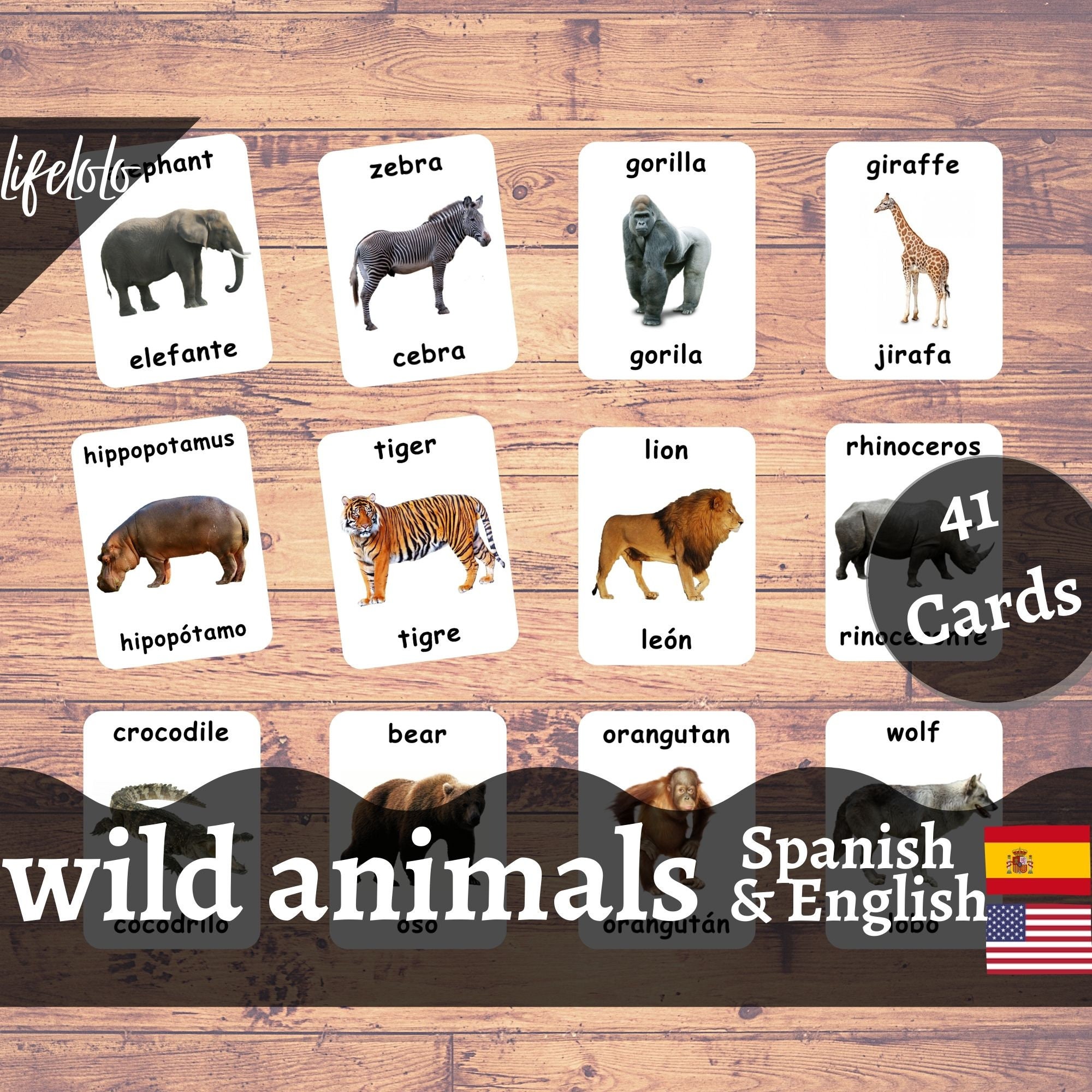 Wild Animals SPANISH Version English Bilingual Cards 41 - Etsy Wild Animals SPANISH Version English Bilingual Cards 41 - Etsy
