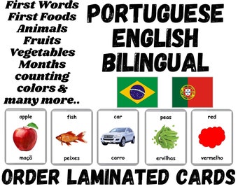 Portuguese Laminated Flash Cards | Handmade Flash Cards | Laminated Three Part Cards | Bilingual - English & Portuguese