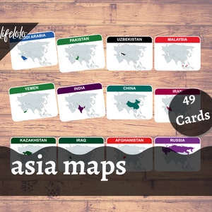 ASIEN Karte Flash Cards | Montessori-Karten, dreiteilige Karten, druckbare Kinderkarten, druckbare Karten, Montessori-Klassenzimmer, Montessori-druckbare Karten