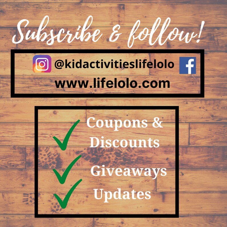 May include: A wooden background with a white text overlay that says "Subscribe & follow!" with social media icons for Instagram and Facebook. Below the text is a website address: www.lifelolo.com. A white box with a green checkmark next to each item in a list: Coupons & Discounts, Giveaways, Updates.