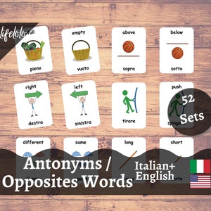 Contrari Flashcard ITALIANE, Schede Bilingue Inglese, 104 Parole Opposte, Flash Card Italiane, Materiale Montessori, Download Stampabile per Bambini