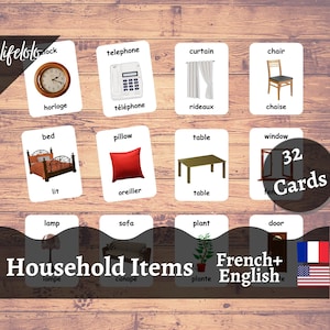 Household Items FRENCH Flash cards, English Bilingual Cards, Montessori Printable, Homeschool Preschool, Kids Printable Download flashcards