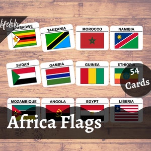 AFRICA FLAGS Schede flash, 54 carte Montessori, Homeschooling, Bambini stampabili, carta in 3 parti, flashcard, Montessori stampabile, Carte stampabili
