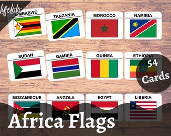 AFRICA FLAGS Flash cards, 54 Montessori Cards, Homeschooling, Kids printable, 3 part card, flashcards, Montessori Printable, Printable Cards