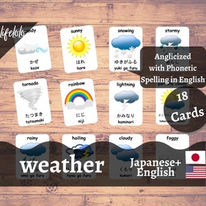 Cartões meteorológicos em JAPONÊS | Cartões Flash Japoneses | Cartões Bilíngues em Inglês | Materiais Montessorianos | Brinquedos de cartões flash - download para impressão