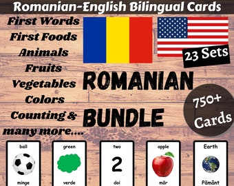 May include: A set of 23 bilingual flashcards for learning Romanian and English. The cards feature images and words for various topics, including first words, first foods, animals, fruits, vegetables, colors, and counting. The set includes over 750 cards.