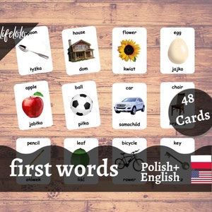 First Words POLISH Version - English Bilingual Cards | 48 Flash Cards | Preschool | Montessori | Homeschooling - Printable Download