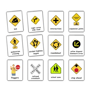 Pu&ograve; includere: Un set di 12 segnali stradali gialli e neri con illustrazioni e descrizioni di testo. I segnali includono: collina, curva a destra sulla strada secondaria, incroci, giunti di dilatazione, attraversamento pedonale, autostrada divisa che inizia, rotatoria, freccia diagonale gialla verso il basso, bandierai, passaggio a livello, zona scolastica e stop.