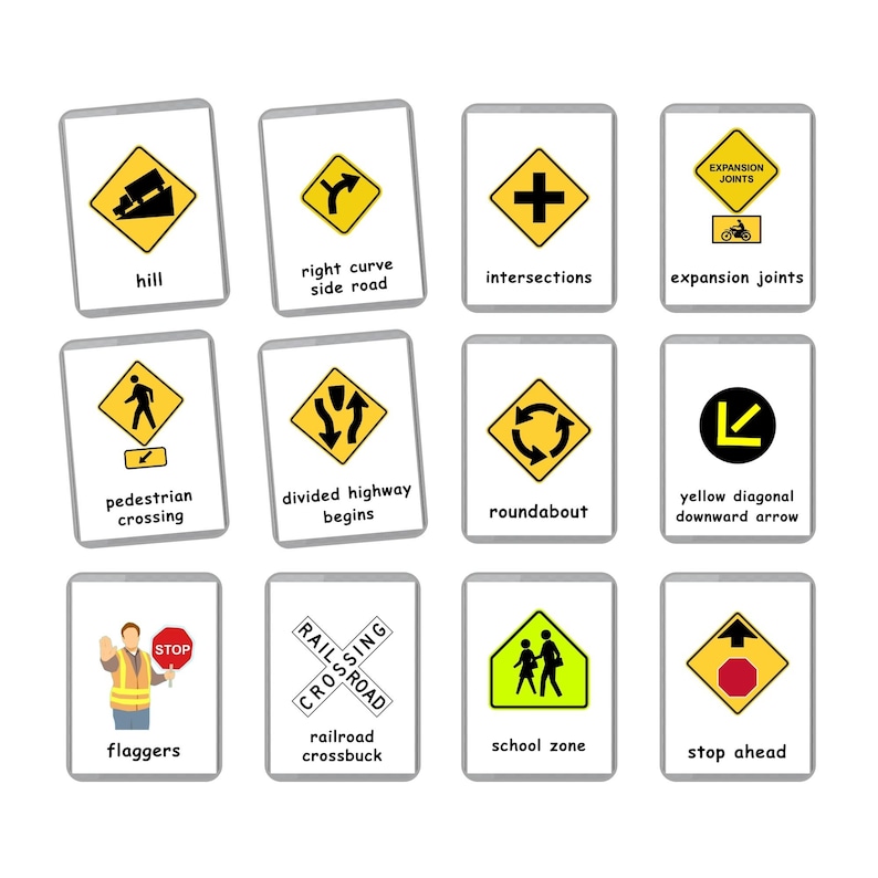 Pu&ograve; includere: Un set di 12 segnali stradali gialli e neri con illustrazioni e descrizioni di testo. I segnali includono: collina, curva a destra sulla strada secondaria, incroci, giunti di dilatazione, attraversamento pedonale, autostrada divisa che inizia, rotatoria, freccia diagonale gialla verso il basso, bandierai, passaggio a livello, zona scolastica e stop.