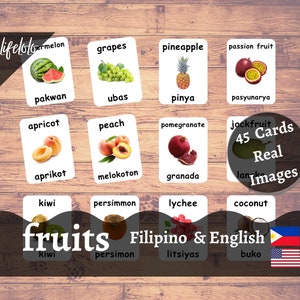 Filipino Fruits, English Bilingual Cards, Tagalog Flash Cards, Montessori cards, Montessori material, Homeschool preschool, Kids Printable