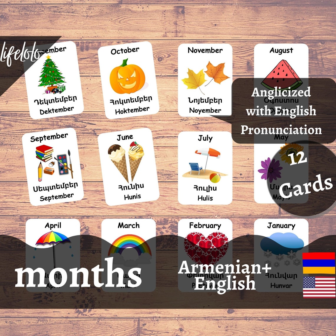 Months of the Year Armenian Flash Cards 12 Bilingual Cards - Etsy Canada