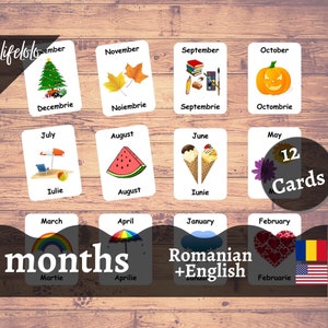 Months of the Year Romanian Flash cards, 12 Bilingual Cards, Montessori cards, Homeschool preschool, Flash cards Printable, toddler games