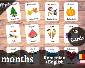 May include: Twelve flashcards with illustrations representing each month of the year. Each card has the English and Romanian name for the month. The illustrations include a Christmas tree, autumn leaves, school supplies, a jack-o-lantern, a beach scene, a watermelon, ice cream cones, flowers, a rainbow, an umbrella, a cloud, and hearts.