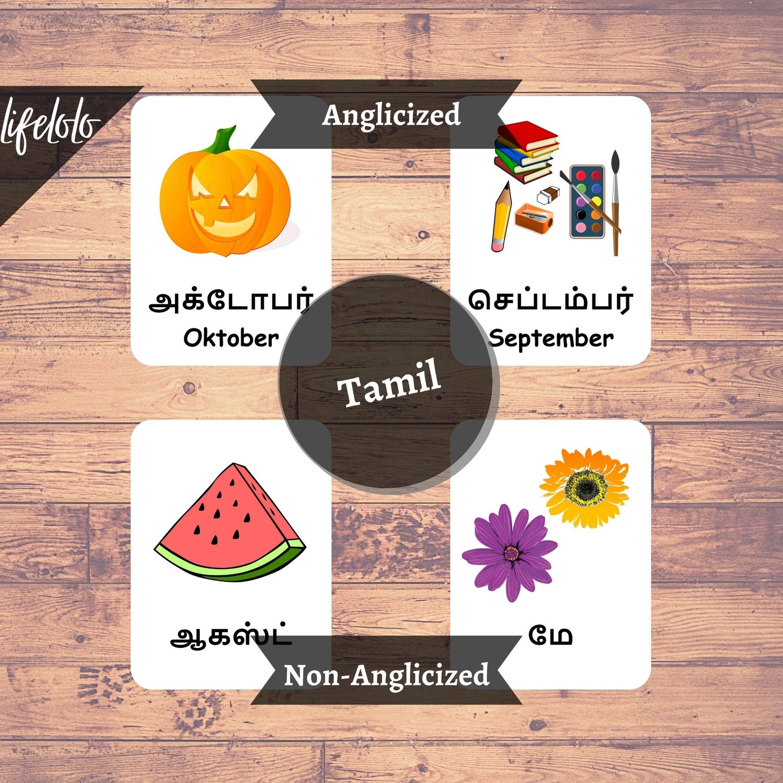 Months of the Year TAMIL Flash Cards, 12 Bilingual Cards, Montessori