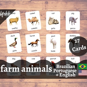 Animaux de la ferme | PORTUGAIS brésilien | Cartes bilingues anglais | 27 cartes de langue portugaise | Enseignement à la maison - Téléchargement numérique