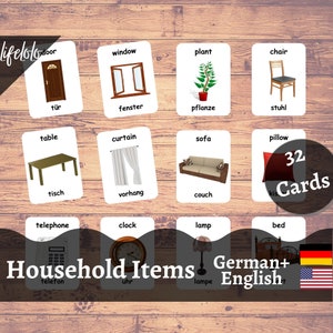 Household Items GERMAN Flash cards, English Bilingual Cards, Montessori Printable, Homeschool Preschool, Kids Printable Download flashcards