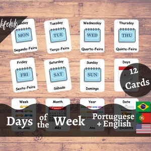 Jours de la semaine | PORTUGAIS | Cartes bilingues anglais | 12 cartes flash portugaises | Matériel Montessori | École à la maison - Imprimable