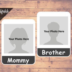 May include: Two photo frames with white borders and gray silhouettes of a woman and a man. The frames have black backgrounds with the words "Mommy" and "Brother" written in white.
