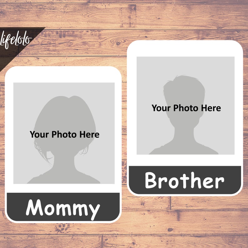 May include: Two photo frames with white borders and gray silhouettes of a woman and a man. The frames have black backgrounds with the words "Mommy" and "Brother" written in white.