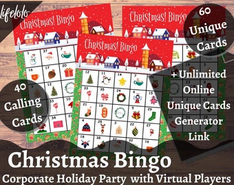 May include: A set of 60 unique Christmas bingo cards with a festive red, green, and white color scheme. The cards feature a variety of Christmas-themed images, including a snowman, a penguin, a Christmas tree, and a stocking. The cards are perfect for a holiday party or gathering.