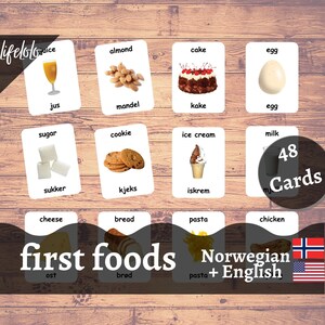 First Foods - NORWEGIAN, 48 Norwegian Flash Cards, English Bilingual Cards, 3 part Cards, Printable Cards, Homeschool, Baby Toys Learning