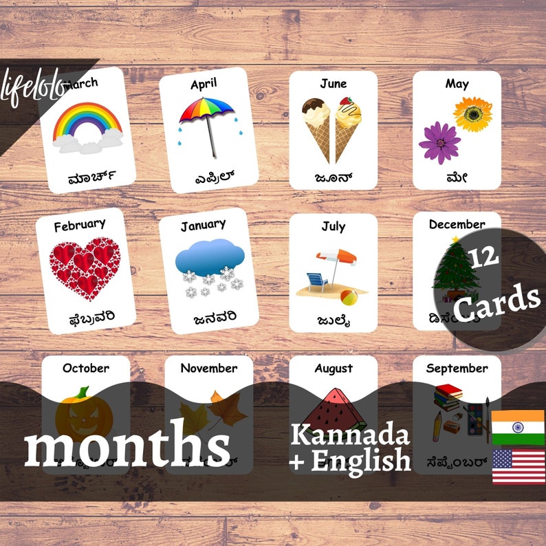 Months of the Year KANNADA Flash Cards, 12 Bilingual Cards, Montessori ...