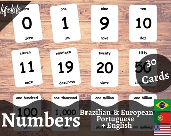 Números en Portugués (30 Tarjetas) - Tarjetas Flash Portuguesas / Matemáticas Montessori / Bilingüe / Educación en el Hogar / Educativo - Descarga Digital