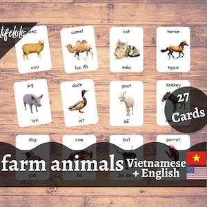 Animaux de la ferme, cartes flash vietnamiennes, cartes bilingues en anglais, matériel Montessori, école maternelle à la maison, imprimable Montessori